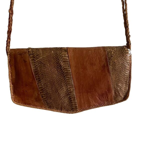 Vintage Handmade Brown Leather Snakeskin Shoulder Crossbody Clutch Purse Bag - Picture 6 of 14